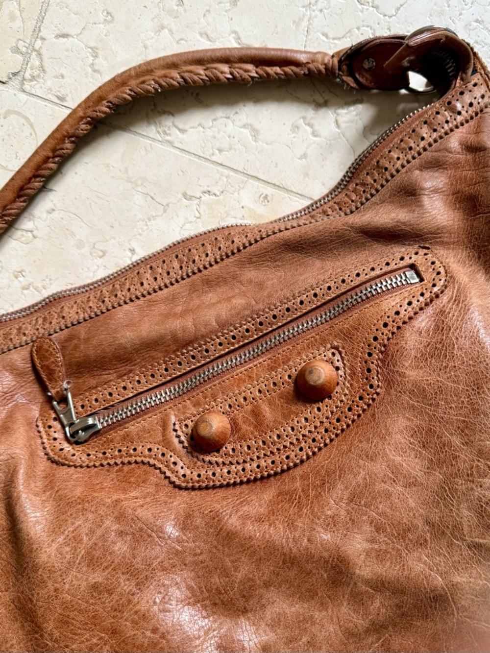 Balenciaga Vintage Motocross Brogue Day Hobo Bag, Brown Leather, FLAWS - Picture 4 of 16